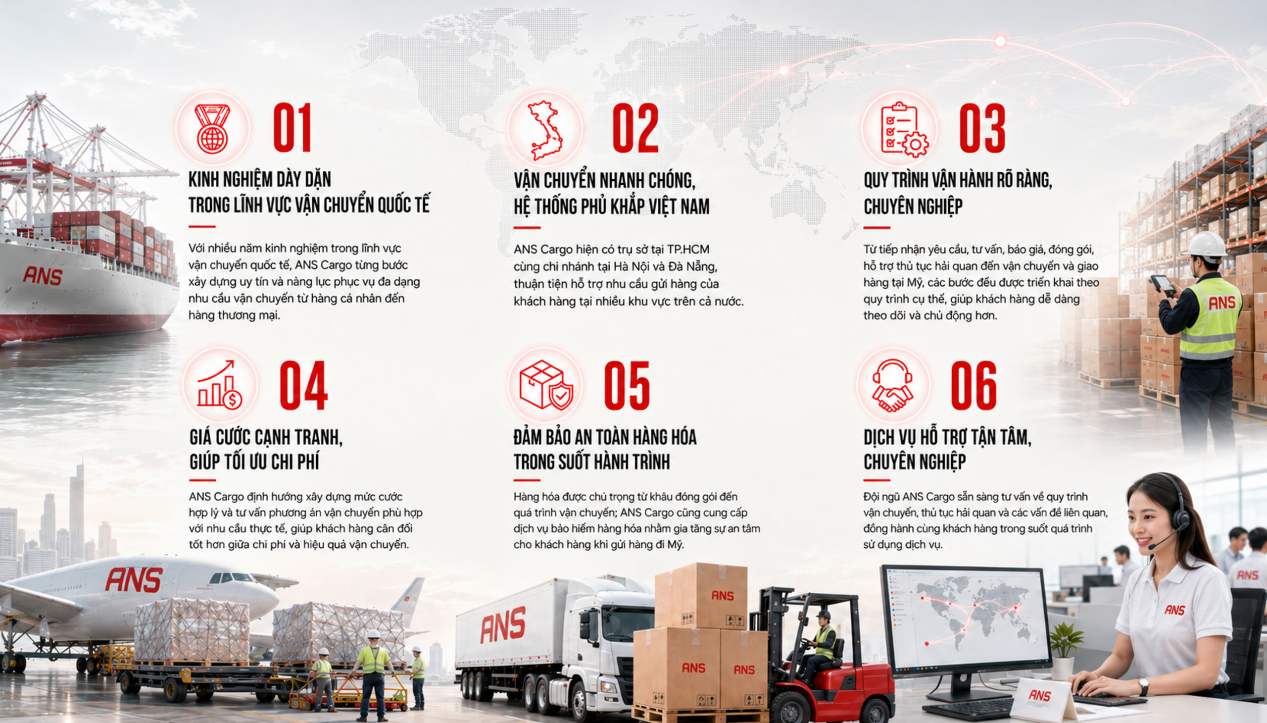 Kinh nghiệm quốc tế, vận chuyển nhanh, quy trình chuyên nghiệp, giá cạnh tranh, an toàn hàng hóa, hỗ trợ tận tâm